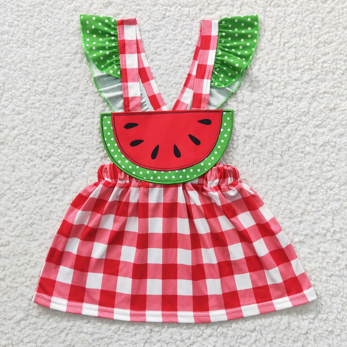 RTS NO MOQ GSD0234 Girls Watermelon Red Plaid Strap Dress
