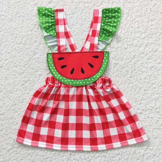 RTS NO MOQ GSD0234 Girls Watermelon Red Plaid Strap Dress