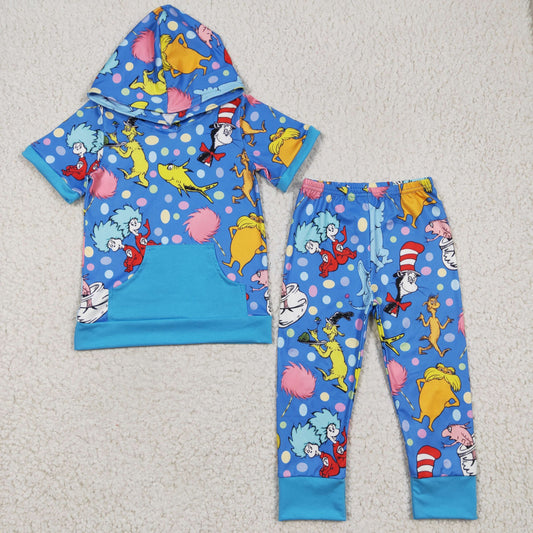 BSPO0068 Boys dr Seuss blue hooded pocket short sleeve pantsuit