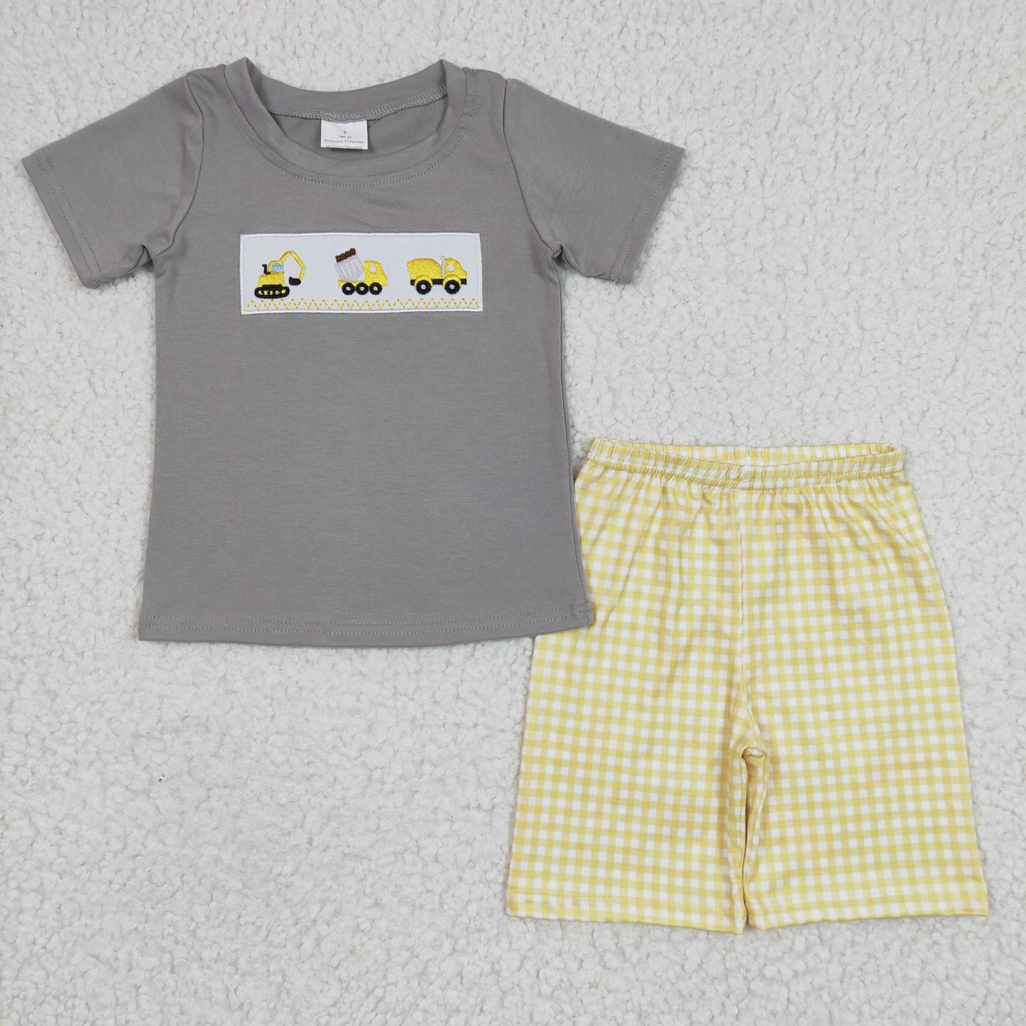 BSSO0124 Boys Embroidered Engineering Vehicle Gray Short Sleeve Yellow Shorts Set