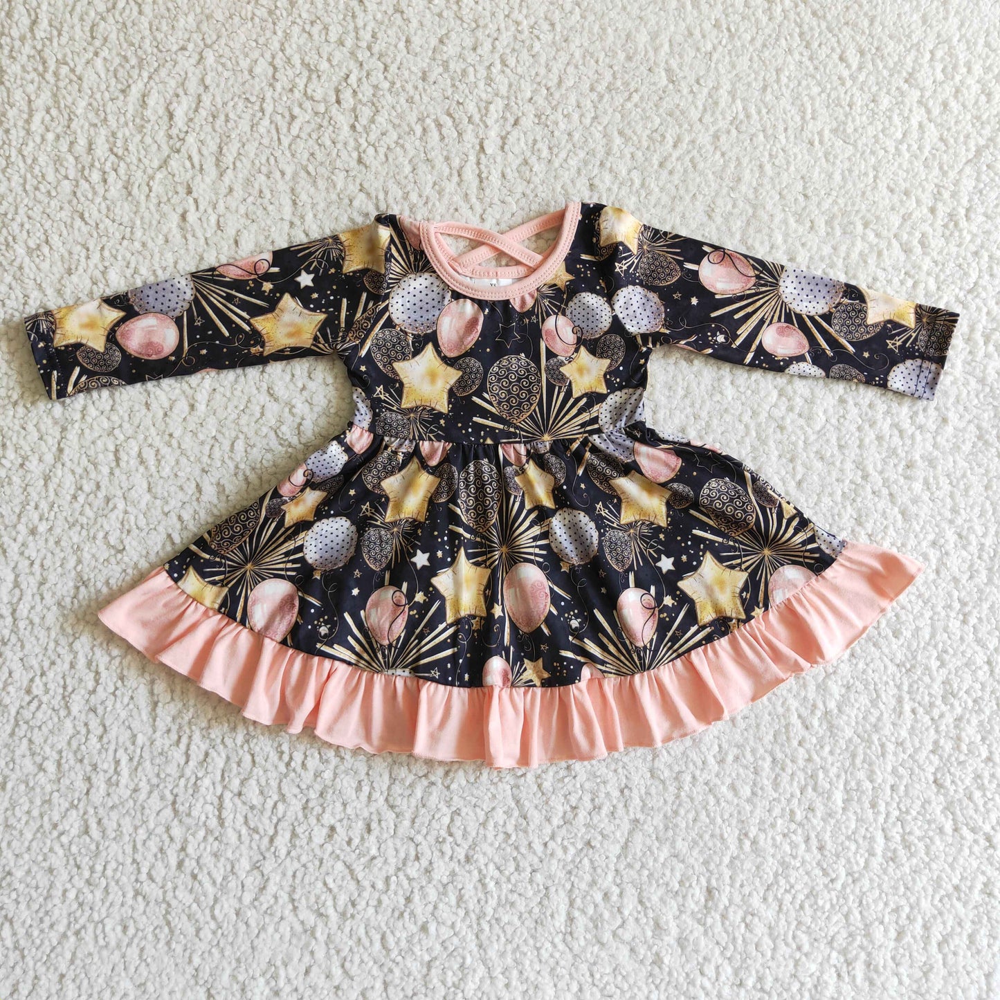 GLD0107 baby clothing long sleeve balloon print kids dresses for girls milk silk