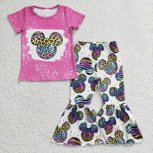 GSPO0455 Girls Color Leopard Print Mickey Head Rose Red Short-sleeved Trousers Set