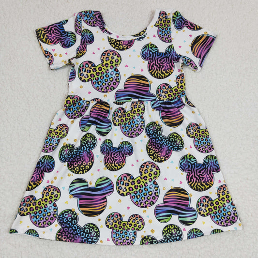 RTS NO MOQ ETA 5/7days arrived GSD0239 Girls Colorful Leopard Mickey Head Short Sleeve Dress