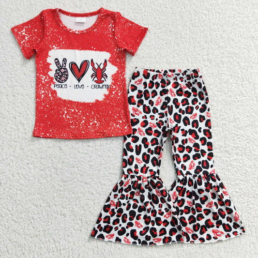 GSPO0432 Girls CRAWFISH Love Short Sleeve Red Leopard Trousers Suit