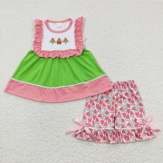 GSSO0179 Girls Embroidered Watermelon Green Sleeveless Pink Shorts Set