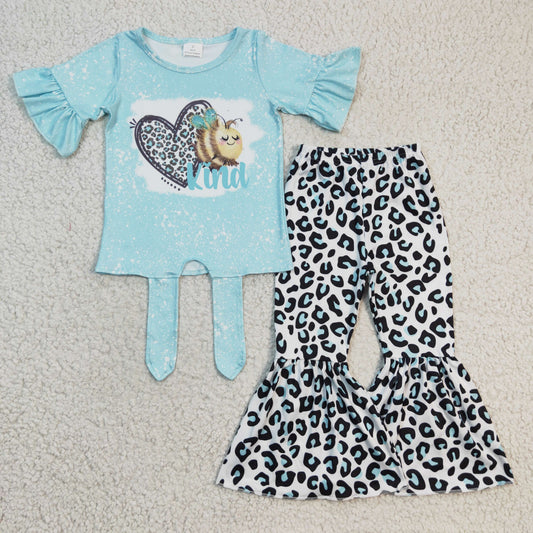 GSPO0360 Girls Bee Blue Leopard Heart Short Sleeve Trousers Suit
