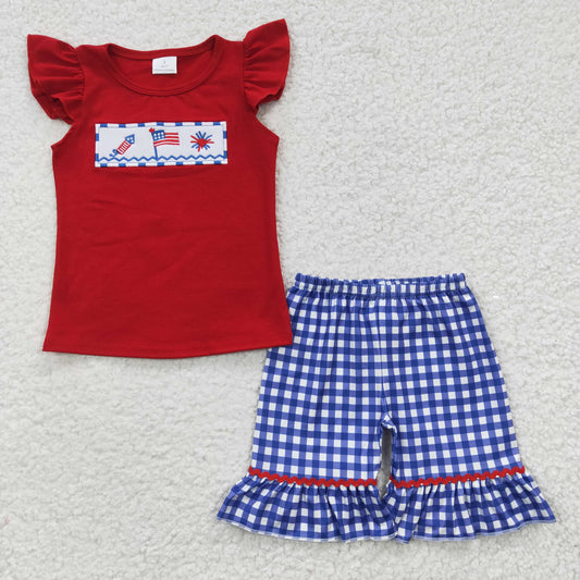 GSSO0193 Girls Embroidered National Day Flag Fireworks Red Short Sleeve Shorts Set