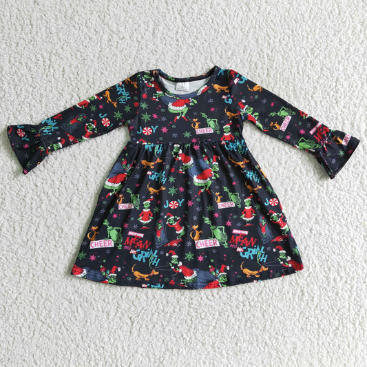 RTS NO MOQ（In Stock ) 6 A29-13  girls christmas dress cartoon print long sleeve dress