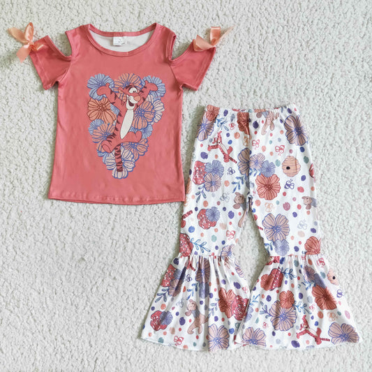 GSPO0145 girls clothing short sleeve long pants  baby girl outfit milk silk cartoon print