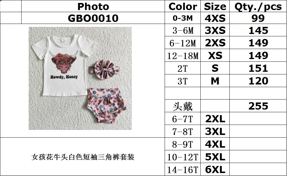 rts no moq GBO0010 Girls flower cow head white short-sleeved briefs suit