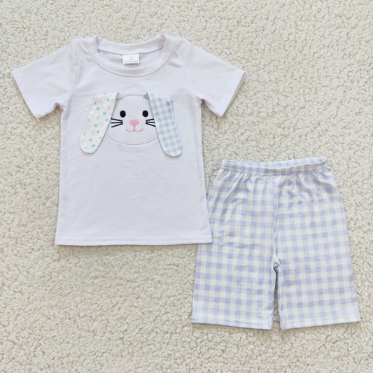 BSSO0090 Boys Embroidered Rabbit White Short Sleeve Blue Check Shorts Set