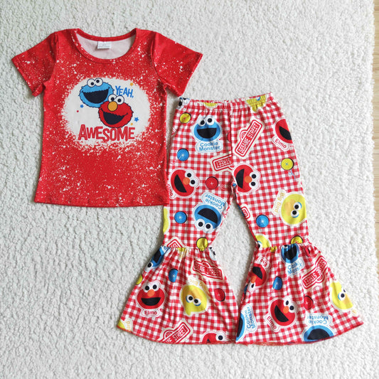 rts no moq E11-17 girl clothes short sleeves long pants cartoon print baby clothing girl's outfit milk silk