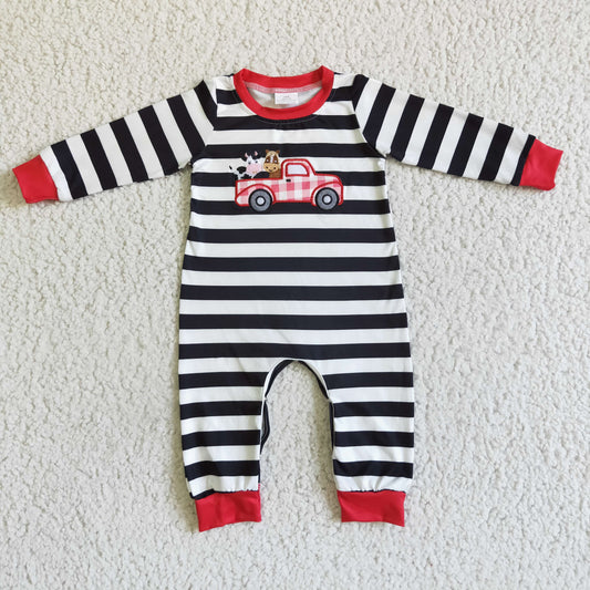 LR0016 Boys Farm Embroidered Car Black White Striped Long Sleeve Bodysuit Romper