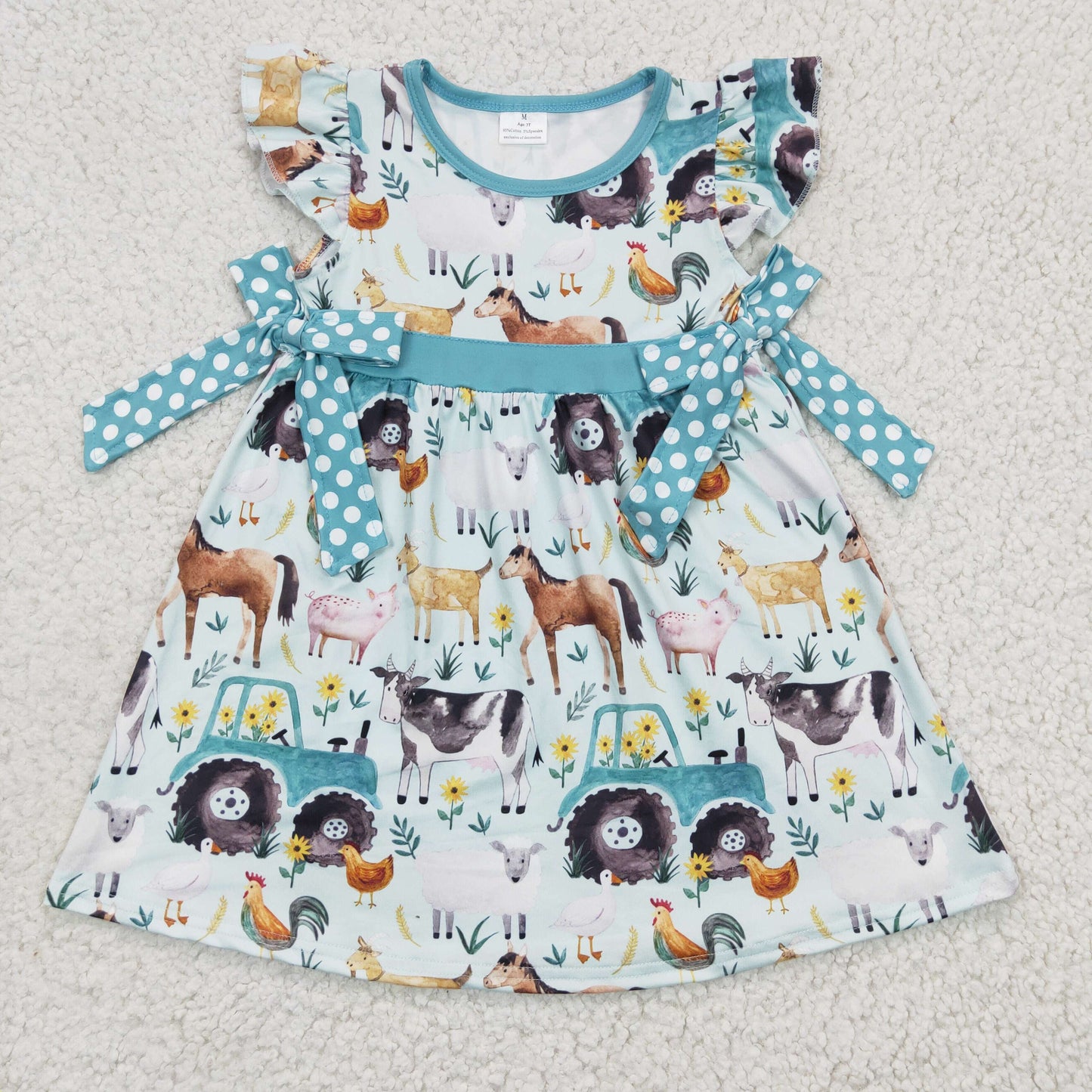 GSD0162 Girl Farm Cart Cow Horse Pig Chicken Flying Sleeve Dress