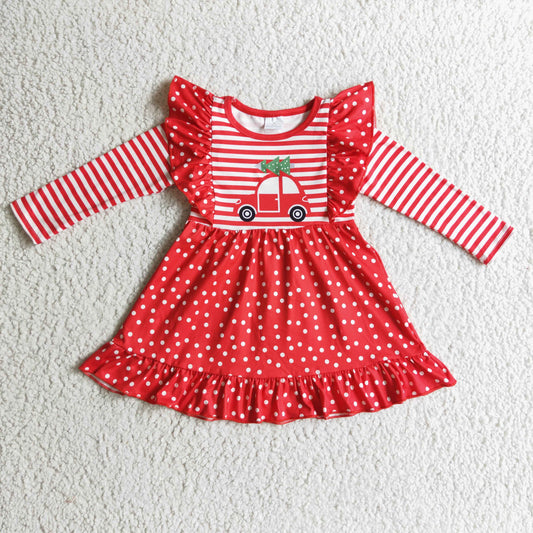 GLD0145 baby christmas clothing long sleeve kids dresses for girls milk silk car print