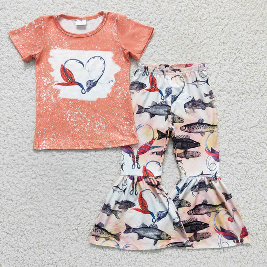 GSPO0258  Valentine's Day Girls Clothing Short Sleeve Long Pants Fishing Print