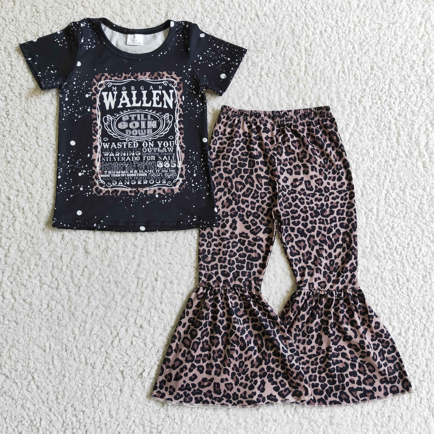 RTS NO MOQ GSPO0227 Kids Clothing Girls Short Sleeve Top And Long Leopard Pants Letter Print