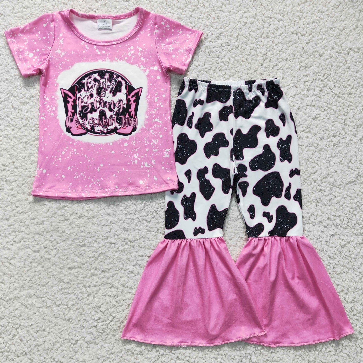 GSPO0325 Girls bling pink cow pattern short-sleeved trouser suit