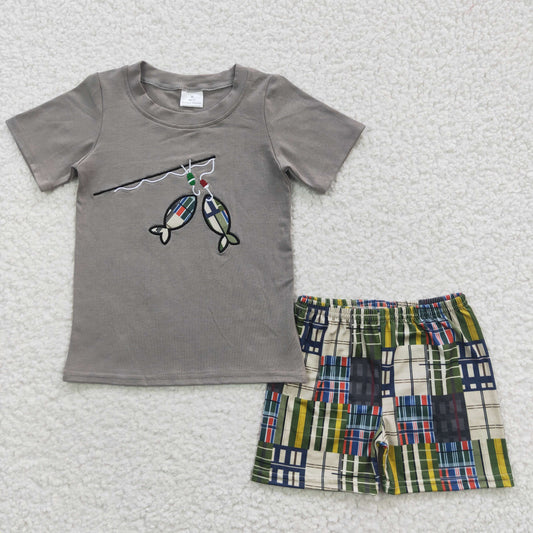 A3-12 Embroidered Fishing Rod Gray Short Sleeve Plaid Pants boys and girls match
