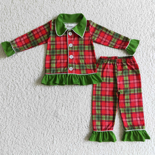 GLP0138 Girls outfit Long Sleeve Long Pants Pajamas Red And Green Plaid