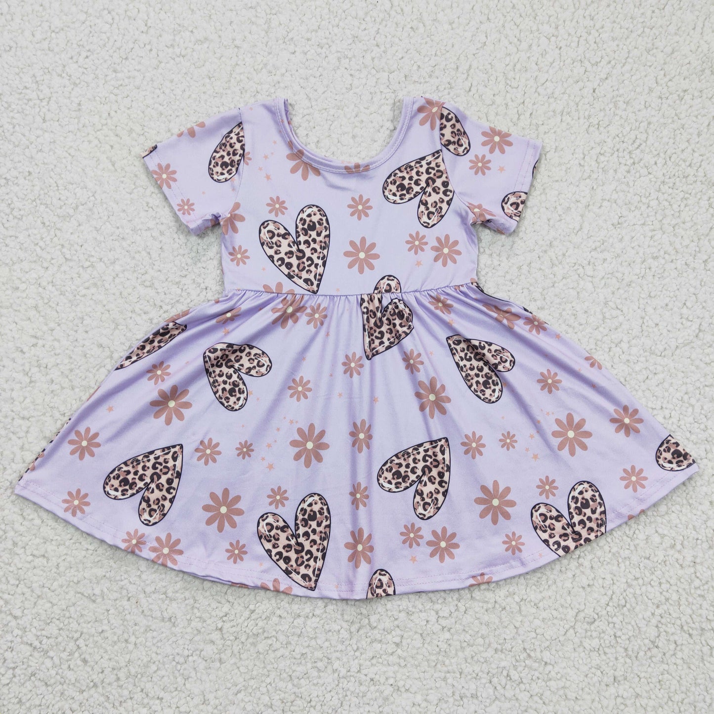 GSD0213 Girls Leopard Print Heart Purple Short Sleeve Dress