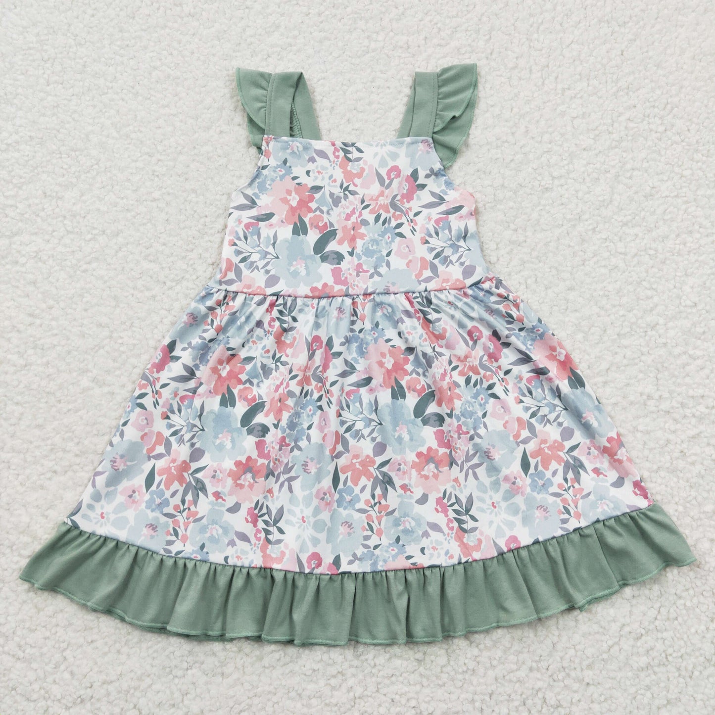 GSD0319 Pink Flower Grass Green Flying Sleeve Dress