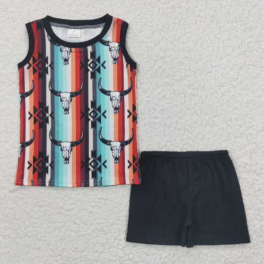 BSSO0216 Boys Bull Head Colorful Stripe Sleeveless Shorts Set
