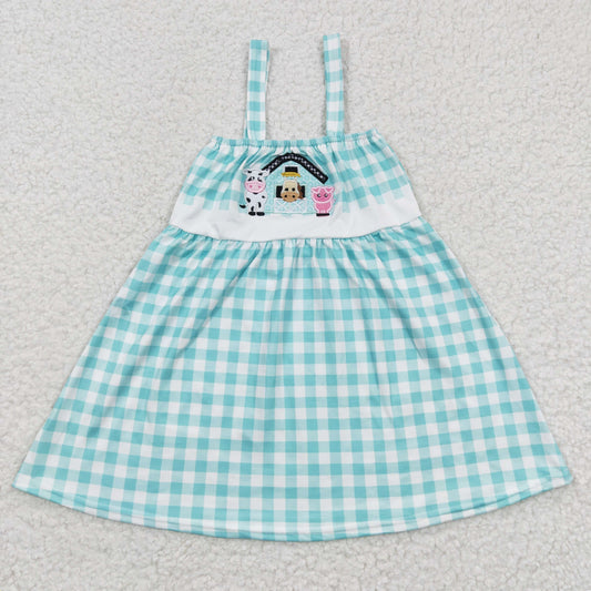 GSD0269 Girls Embroidered Farm Cows Blue Vest Plaid Dress