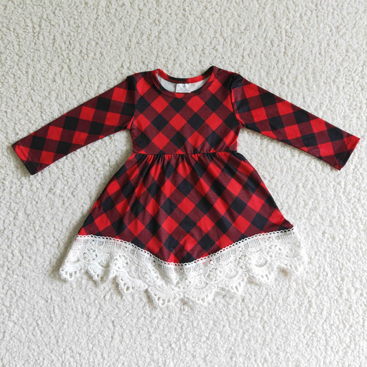 GLD0024 girls clothing red and black plaid button long sleeve dress