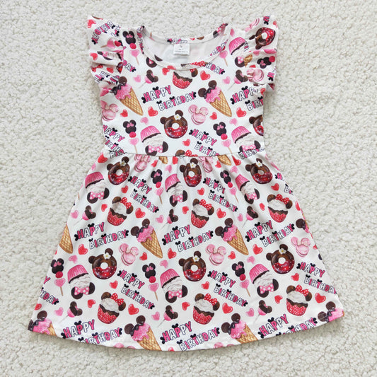 rts no moq GSD0170 Girl HAPPY BIRTHDAY cake print Flying Sleeve Dress