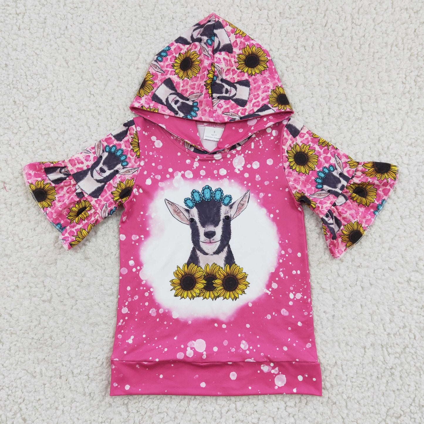 RTS NO MOQ GT0096 Girls Cow Sunflower Gem Rose Hooded Short Sleeve Top