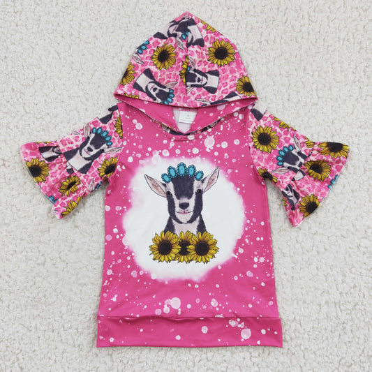 RTS NO MOQ GT0096 Girls Cow Sunflower Gem Rose Hooded Short Sleeve Top