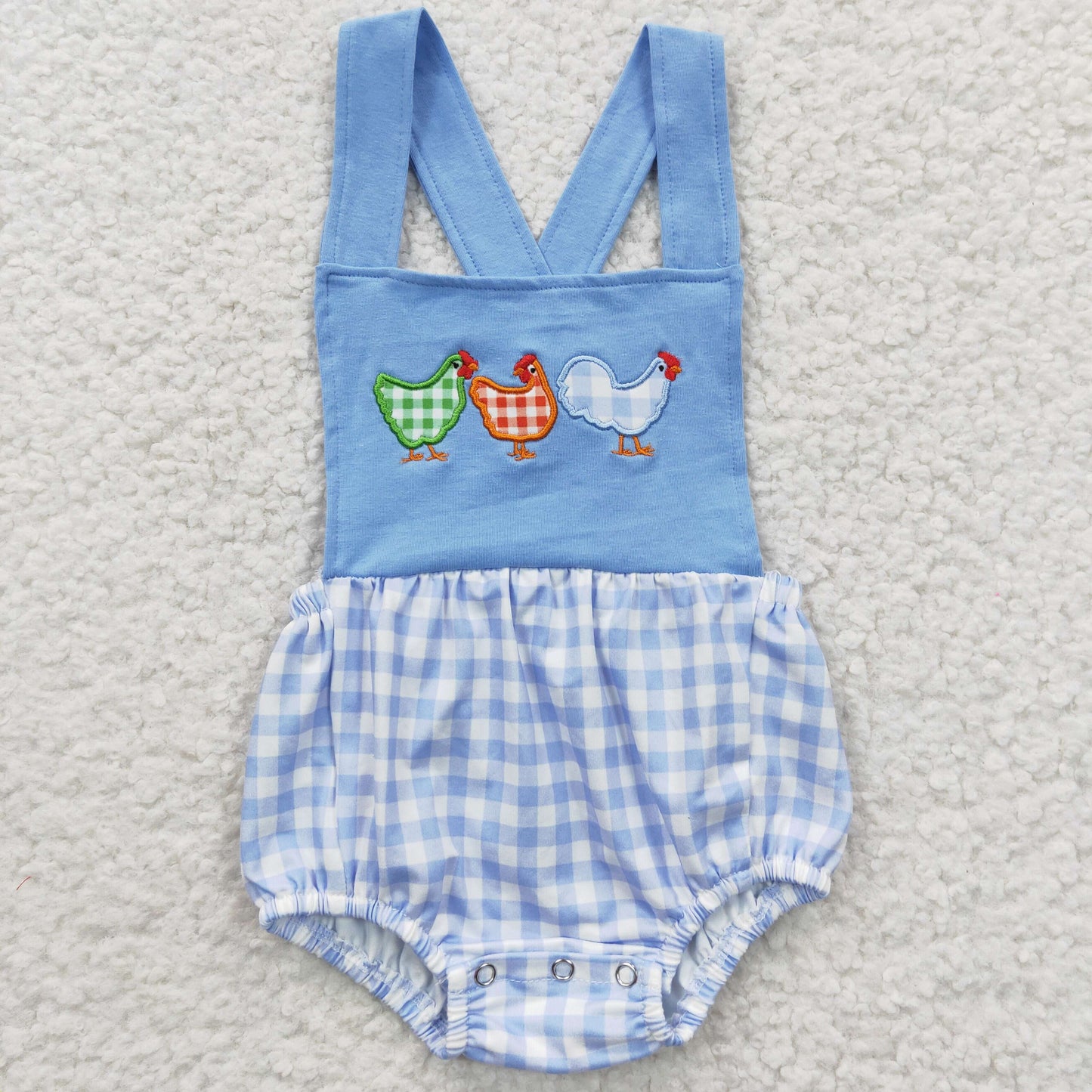 SR0286 Boys Embroidered Rooster Blue Plaid Tank Top Onesie