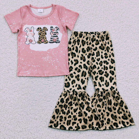 B17-12 Easter Bunny Short Sleeve Leopard Flared Pants Set