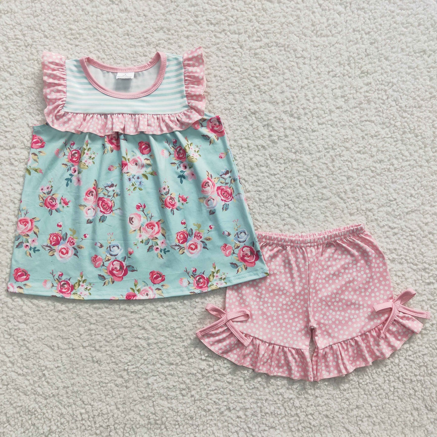 rts no moq GSSO0215 Girls Floral Green Stripe Sleeveless Pink Shorts Set