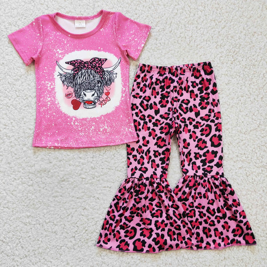 GSPO0334 Girls Alpine Bull Rose Red Short-Sleeved Leopard Print Trousers Set