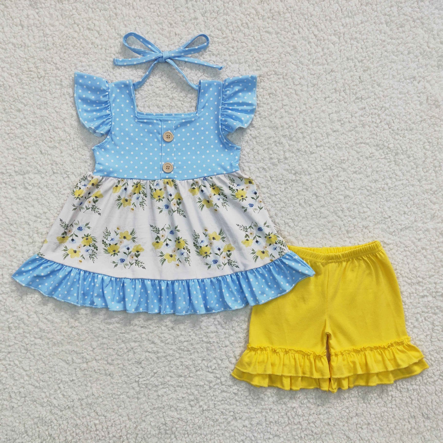 rts no moq GSSO0220 Girls Blue Flower Flying Sleeves Yellow Shorts Set