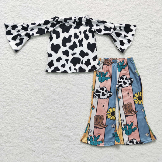 GLP0375 Girls Outfit Cartoon Print Trousers Cow Pattern Boutique Set